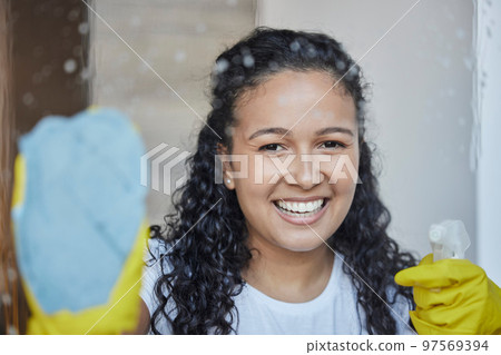 Cleaning, window and spray with portrait of woman with fabric rag for bacteria, hygiene and disinfection. Dust, germs and chemicals solution with girl cleaner and glass with product for housekeeping Cleaning, window and spray with portrait of woman with fabric rag for bacteria, hygiene and disinfection. Dust, germs and chemicals solution with girl cleaner and glass with product for housekeeping 97569394