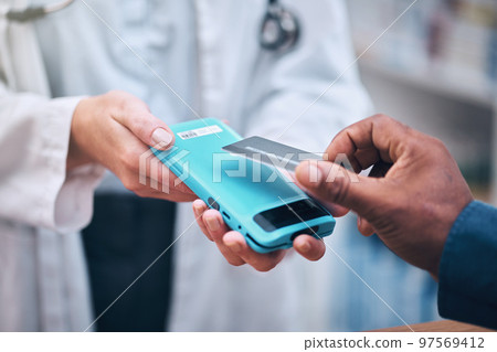 Woman, credit card in hands and payment for healthcare, medicine or doctors consultation at pharmacy or hospital. Finance, budget and customer or patient paying for service on online mobile device. 97569412