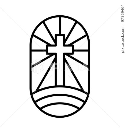 Vector religion line cross on half round earth and rays. Jesus Christ logo icon illustration. Lord on Calvary is center christianity. God forgiveness and love people 97569464