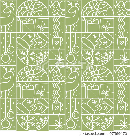 Christmas logo advent seamless pattern snowflake, gift box, house, garland, sock and tree on green background. Hand drawn monoline winter vector constructor for greeting card 97569470