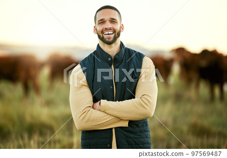 Smile, cow and agriculture with man on farm for sustainability, production and cattle. Livestock, arms crossed and management with portrait of farmer on countryside field for dairy, animals and care 97569487