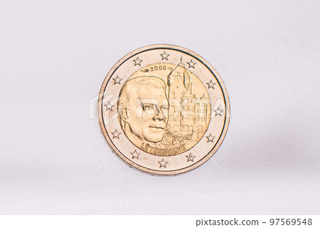 A collection of two euros commemorative coins. In a row, copy space. Concept of numismatic, finance, european currency 97569548