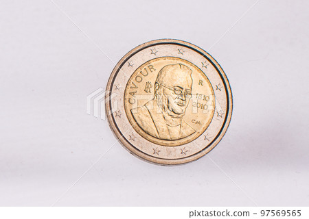 A collection of two euros commemorative coins. In a row, copy space. Concept of numismatic, finance, european currency 97569565