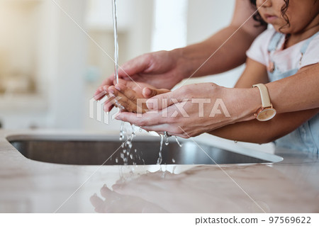 Child, washing hands and learning about healthy lifestyle with clean water for health and wellness of body with mother at family home. Hand hygiene with woman and girl kid to clean dirt and bacteria 97569622