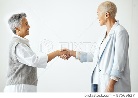 Partnership, handshake and business women in corporate workplace for teamwork, business deal and collaboration. B2b network, support and female workers shaking hands for agreement, goals and trust 97569627