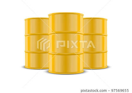 Vector 3d Realistic Three Yellow Barrels, Hazard Liquid. Caution Barrel, Radioactive, Hazardous Chemical Materials, Toxic Pollution, Many Danger Barrels, Set Closeup Isolated. Front View 97569655
