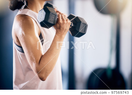 Woman, arms or dumbbell gym workout, training or exercise for strong muscle growth, healthcare wellness or body management. Sports athlete, personal trainer or coach with weightlifting fitness goals Woman, arms or dumbbell gym workout, training or exercise for strong muscle growth, healthcare wellness or body management. Sports athlete, personal trainer or coach with weightlifting fitness goals 97569743