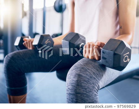 Woman, arms or dumbbell gym workout, training or exercise for strong muscle growth, healthcare wellness or body management. Sports athlete, personal trainer or coach with weightlifting fitness goals Woman, arms or dumbbell gym workout, training or exercise for strong muscle growth, healthcare wellness or body management. Sports athlete, personal trainer or coach with weightlifting fitness goals 97569829