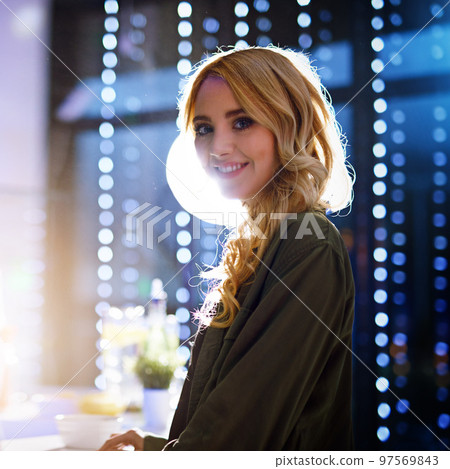 Party, nightlife portrait of a happy woman in a nightclub standing with a smile for a new year celebration. Happiness, night out and lady with energy clubbing and having fun at a social disco event. Party, nightlife portrait of a happy woman in a nightclub standing with a smile for a new year celebration. Happiness, night out and lady with energy clubbing and having fun at a social disco event. 97569843