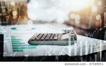 Calculator, business data overlay and finance logistics graphic for tax, audit and investment. No people, fintech payroll hologram and data analytics of a trading company with financial web growth Calculator, business data overlay and finance logistics graphic for tax, audit and investment. No people, fintech payroll hologram and data analytics of a trading company with financial web growth 97569951