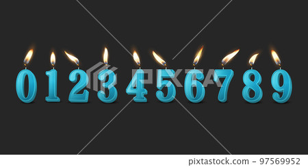 Vector 3d Realistic Paraffin or Wax Burning Blue Birthday Party Candles, Numbers and Different Flame of a Candle Icon Set Isolated. Design Template, Clipart, Birthday Concept. Front View Vector 3d Realistic Paraffin or Wax Burning Blue Birthday Party Candles, Numbers and Different Flame of a Candle Icon Set Isolated. Design Template, Clipart, Birthday Concept. Front View 97569952