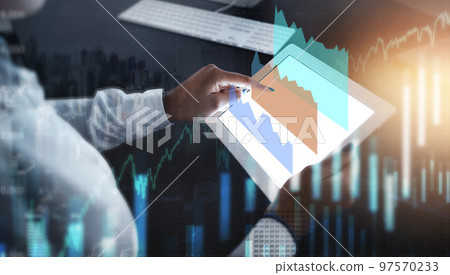Hands of woman, tablet and finance hologram for stock market, trading or investment growth. Overlay, futuristic tech and female with touchscreen charts for financial statistics, forex and analytics. 97570233