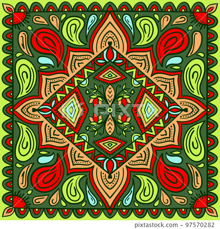 Bright colorful rug ornamental background with traditional pattern. Ethnic ornament. Design for carpet, yoga mat, textile, greeting card, banner. 97570282