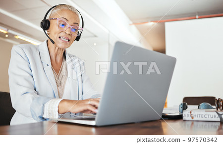 Consulting, laptop and microphone with business woman in office for video conference, webinar and online meeting. Virtual, call center and coaching with consultant and headset for digital help desk Consulting, laptop and microphone with business woman in office for video conference, webinar and online meeting. Virtual, call center and coaching with consultant and headset for digital help desk 97570342