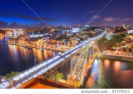 Porto, Portugal cityscape over the Douro River and Dom Louis Bridge 97570351