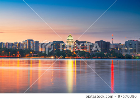 Madison, Wisconsin, USA Downtown Skyline on Lake Monona 97570386