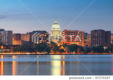 Madison, Wisconsin, USA Downtown Skyline on Lake Monona 97570387