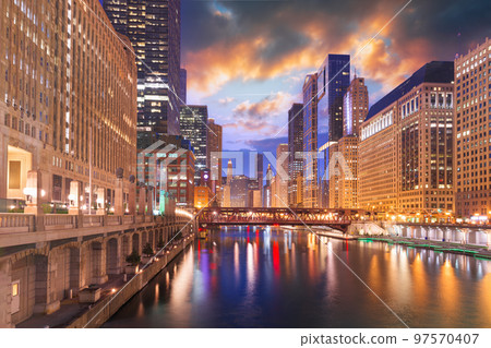 Chicago, Illinois, USA on the River at Twilight 97570407