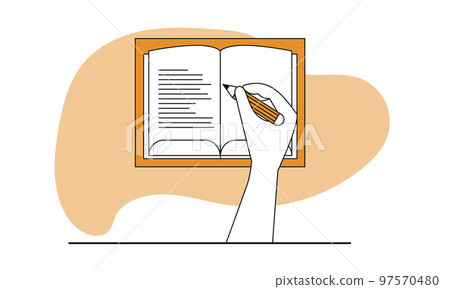 Hand writing in a book vector illustration concept. Education business person and study workspace with pencil. Human workplace and writer work on document. School and student planner knowledge Hand writing in a book vector illustration concept. Education business person and study workspace with pencil. Human workplace and writer work on document. School and student planner knowledge 97570480