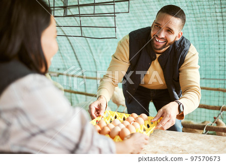 Man, woman or chicken eggs sale on agriculture farm, sustainability environment or countryside small business. Smile, happy customer or poultry farmer worker with bird protein product or healthy food Man, woman or chicken eggs sale on agriculture farm, sustainability environment or countryside small business. Smile, happy customer or poultry farmer worker with bird protein product or healthy food 97570673