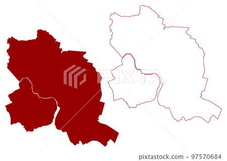 Ipswich Non-metropolitan district (United Kingdom of Great Britain and Northern Ireland, ceremonial county Suffolk, England) map vector illustration, scribble sketch map 97570684