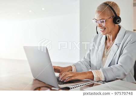 Consulting, black woman and laptop in office for online meeting, webinar and thinking, planning and discussion. Business woman, microphone and virtual training but mentor teaching on live stream 97570748