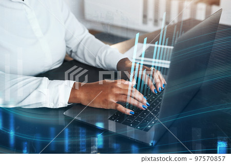 Hologram, laptop or hands trading cryptocurrency on stock market for financial profit or investment growth. Overlay, chart or black woman trader working or typing on forex digital fintech website 97570857