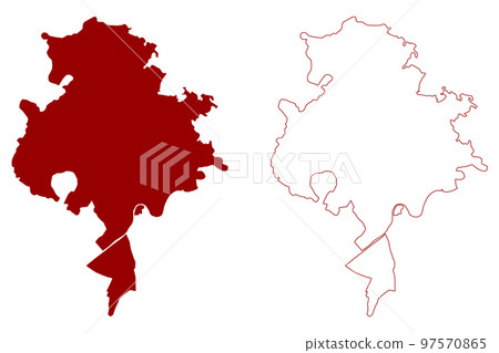 Nottingham City and unitary authority area (United Kingdom of Great Britain and Northern Ireland, ceremonial county Nottinghamshire or Notts, England) map vector illustration, scribble sketch map 97570865