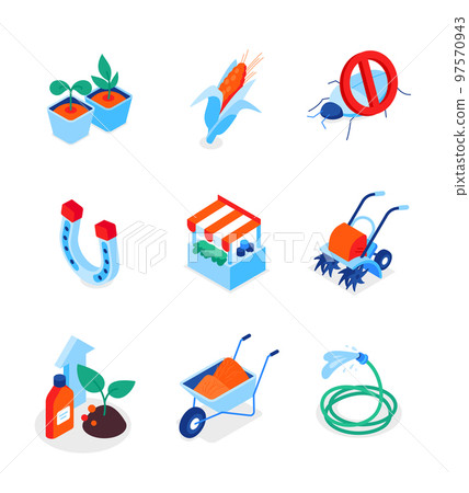 Gardening and cultivation - modern colorful isometric icons set Gardening and cultivation - modern colorful isometric icons set 97570943