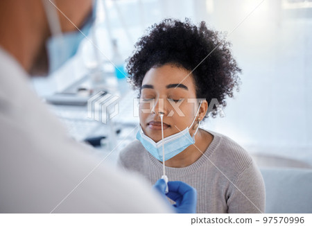 Covid, pcr test and cotton with black woman and doctor for consulting, medical and virus analysis. Global pandemic, results and research with patient and healthcare worker for safety and protection 97570996