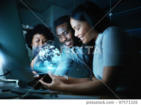 Teamwork, world hologram and business people with phone in night office working late on project deadline. Futuristic tech, global iot and group of happy men and women on smartphone in dark workplace. Teamwork, world hologram and business people with phone in night office working late on project deadline. Futuristic tech, global iot and group of happy men and women on smartphone in dark workplace. 97571326