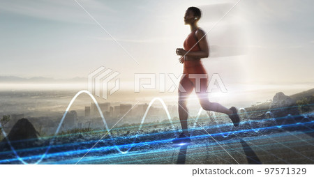 Heart rate hologram, running and black woman on mountains with healthy breath technology. Digital light, woman and runner on a mountain road with training, exercise and health wellness outdoor 97571329