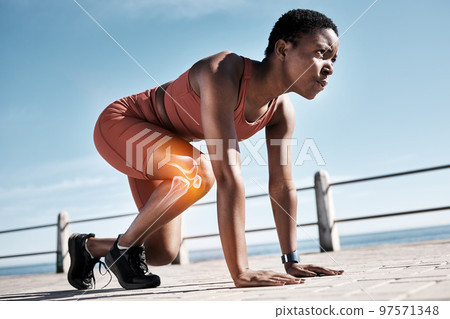 Start, running and race with black woman at beach for training, endurance and marathon. Energy, performance. and sports with girl runner on promenade for cardio challenge, competition and exercise 97571348