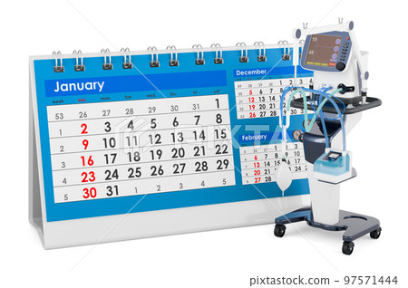 Medical ventilator with desk calendar, 3D rendering Medical ventilator with desk calendar, 3D rendering 97571444