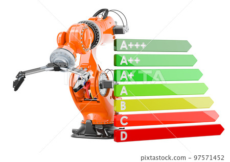 Robotic arm with energy efficiency chart, 3D rendering 97571452