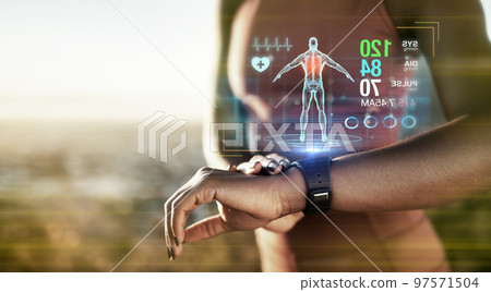 Fitness hands, smart watch or future data on healthcare workout, body training or exercise heart rate in sunset nature. Runner zoom, sports or black woman on time technology, 3d scan or abstract app Fitness hands, smart watch or future data on healthcare workout, body training or exercise heart rate in sunset nature. Runner zoom, sports or black woman on time technology, 3d scan or abstract app 97571504