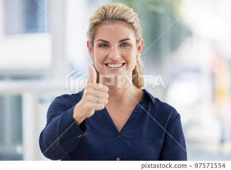 Thumbs up, woman face portrait and smile in office for business success, corporate achievement and entrepreneur motivation. Leadership confidence, ceo goals support or happy agreement hand sign Thumbs up, woman face portrait and smile in office for business success, corporate achievement and entrepreneur motivation. Leadership confidence, ceo goals support or happy agreement hand sign 97571554