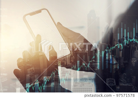 Phone, finance digital overlay and hands typing, social media or messaging with mockup. Graphs, city double exposure or person with mobile smartphone for stock market, trading or financial investment 97571578