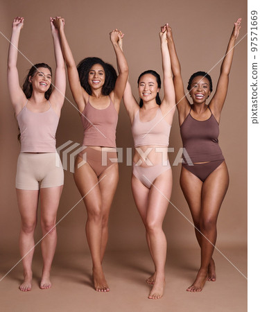 Women group, swimsuit and beauty in studio portrait, support or