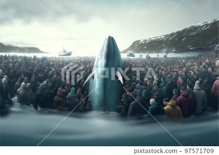 Grindadrap Faer Oer island whaling dolphin and whale hunting illustration generative ai 97571709