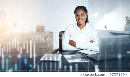 Woman, arms crossed or futuristic finance chart in investment office, insurance company or stock market trading. Portrait, happy smile or financial worker on 3d abstract data, technology or documents Woman, arms crossed or futuristic finance chart in investment office, insurance company or stock market trading. Portrait, happy smile or financial worker on 3d abstract data, technology or documents 97571894