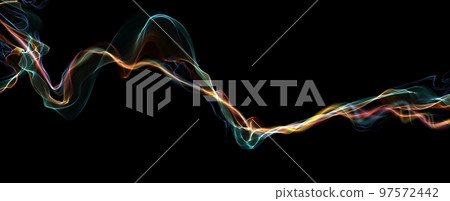 Multi colored plume of smoke, black abstract background. Multicolored effect isolated in dark futuristic digital art, waves dynamic transparent composition 97572442