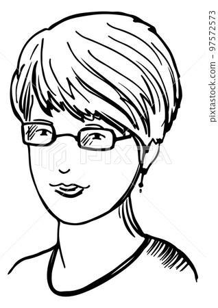 Female portrait drawing. Woman in glasses head drawing Female portrait drawing. Woman in glasses head drawing 97572573