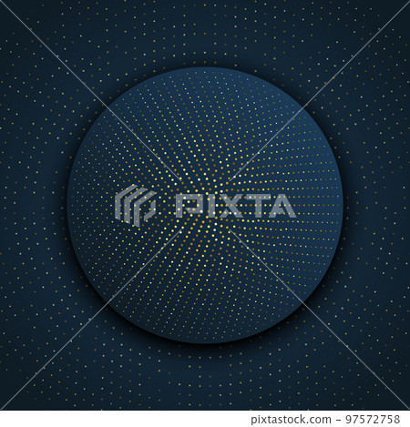 Abstract golden disk frame with gold lights and glittering elements on blue background. Golden glittering halftone circular frame. Luxury square design template for social media, banner, promo, sale Abstract golden disk frame with gold lights and glittering elements on blue background. Golden glittering halftone circular frame. Luxury square design template for social media, banner, promo, sale 97572758