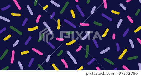 Bright neon coloured confetti on dark blue background. Cute abstract horizontal backdrop. Multi colored decorative sprinkles. Pop art style texture. Vector design layout for banner presentation, flyer 97572780