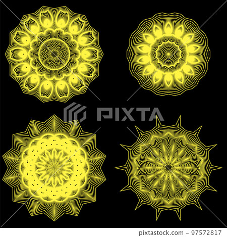 Set of Yellow Circle Geometric Ornaments. Guilloche Gold Rosettes Isolated. Ornamental Round Decor. Mandala Set Set of Yellow Circle Geometric Ornaments. Guilloche Gold Rosettes Isolated. Ornamental Round Decor. Mandala Set 97572817