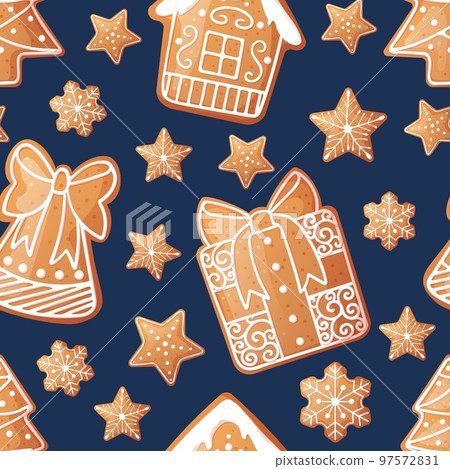 Seamless pattern with Christmas gingerbread. Texture with New Year cookies and white icing. Great for paper, textile, wallpaper 97572831