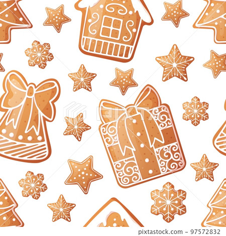 Seamless pattern with Christmas gingerbread. Texture with New Year cookies and white icing. Great for paper, textile, wallpaper 97572832
