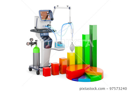 Ventilator for artificial ventilation, ICU with growth bar graph and pie chart, 3D rendering 97573240