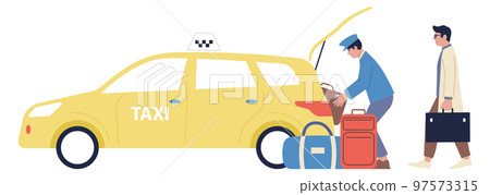 Taxi driver loading luggage in car. Passenger service Taxi driver loading luggage in car. Passenger service 97573315